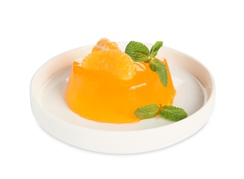 Photo of Delicious tangerine jelly with mint isolated on white