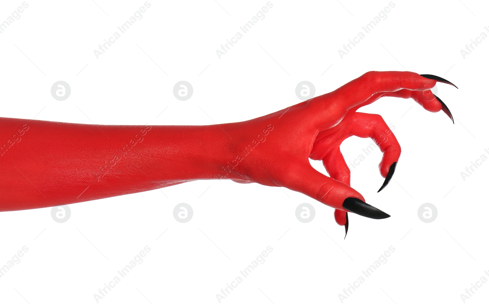 Photo of Scary monster on white background, closeup of hand. Halloween character