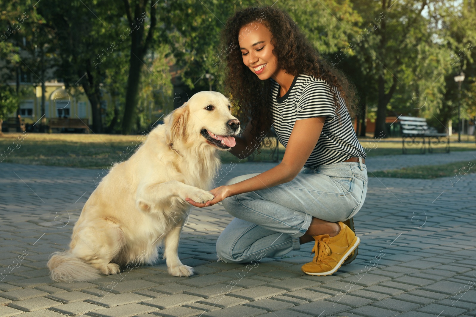 Photo of Young African-American woman and her Golden Retriever dog in park