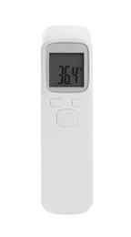 Photo of Infrared thermometer isolated on white. Checking temperature during Covid-19 pandemic
