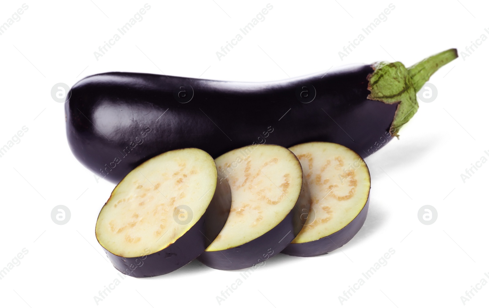 Photo of Tasty raw ripe eggplants on white background