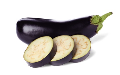 Photo of Tasty raw ripe eggplants on white background