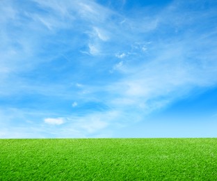 Image of Green grass under blue sky with clouds