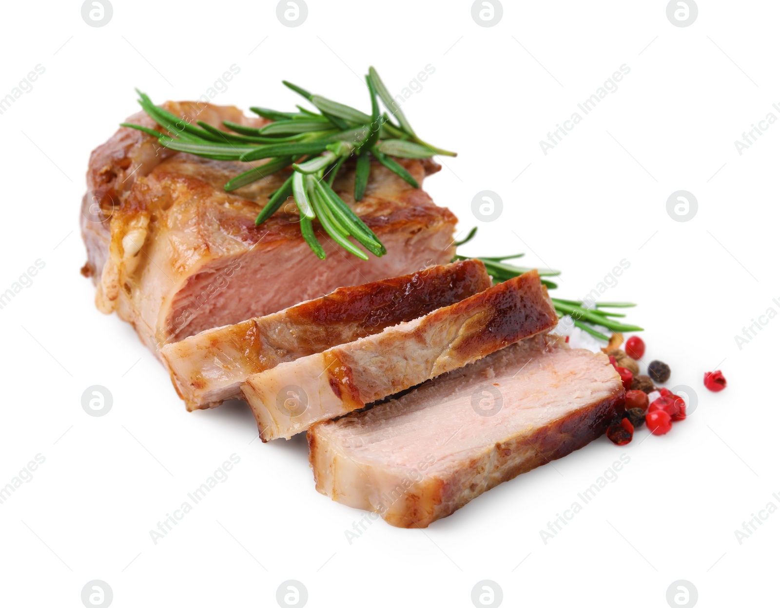 Photo of Delicious fried meat with rosemary and spices on white background