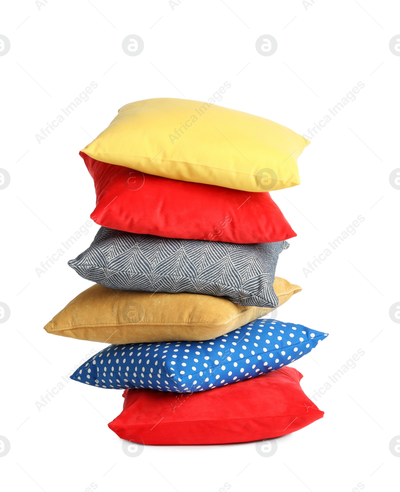 Photo of Stack of colorful decorative pillows on white background