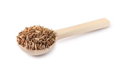 Spoon of aromatic caraway (Persian cumin) seeds isolated on white