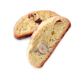 Slices of tasty cantucci with pistachio on white background, top view. Traditional Italian almond biscuits