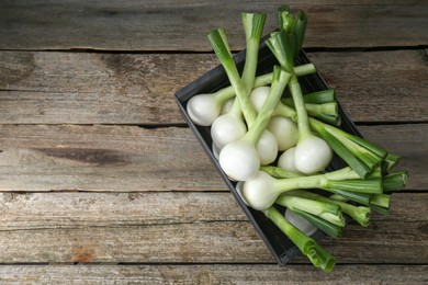 Photo of Black crate with green spring onions on wooden table, top view. Space for text