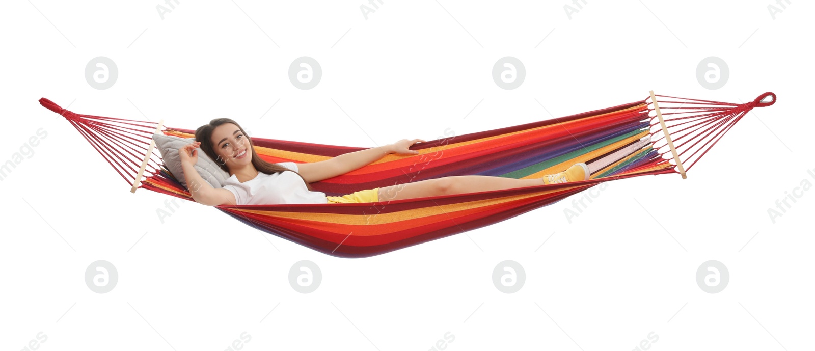 Photo of Woman resting in hammock on white background