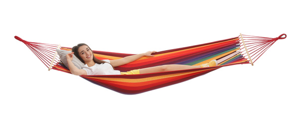 Photo of Woman resting in hammock on white background