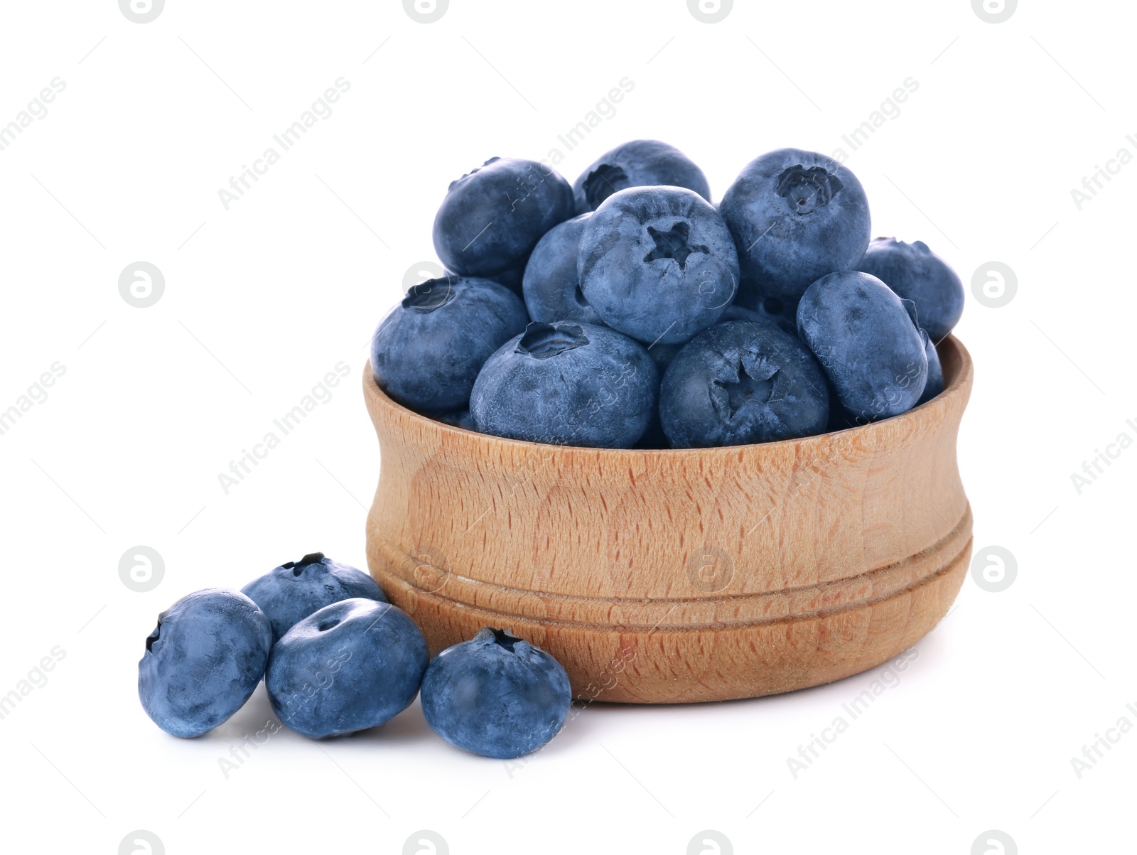 Photo of Bowl with tasty fresh ripe blueberries on white background
