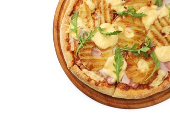 Photo of Delicious pineapple pizza with arugula isolated on white, top view