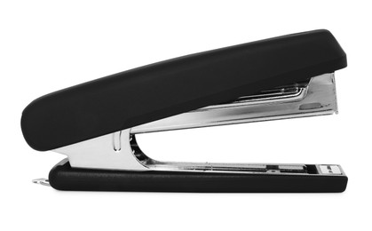 Photo of One new black stapler isolated on white