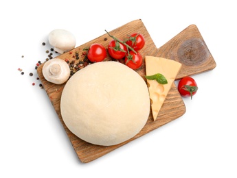 Photo of Ingredients for tasty pizza on white background, top view