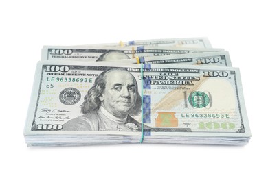 Photo of Many dollar banknotes on white background. American national currency