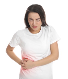 Photo of Young woman suffering from liver pain on white background