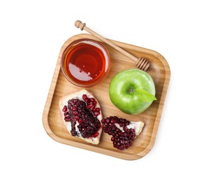 Photo of Honey, pomegranate and apple on white background, top view. Rosh Hashana holiday
