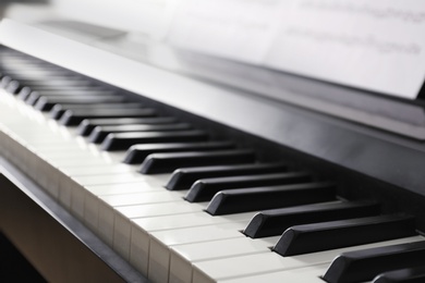 Modern piano with black and white keys, closeup