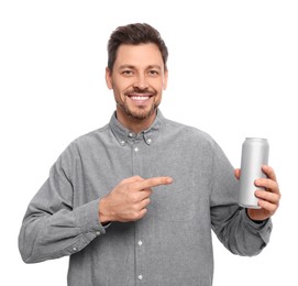 Photo of Happy man holding tin can with beverage on white background
