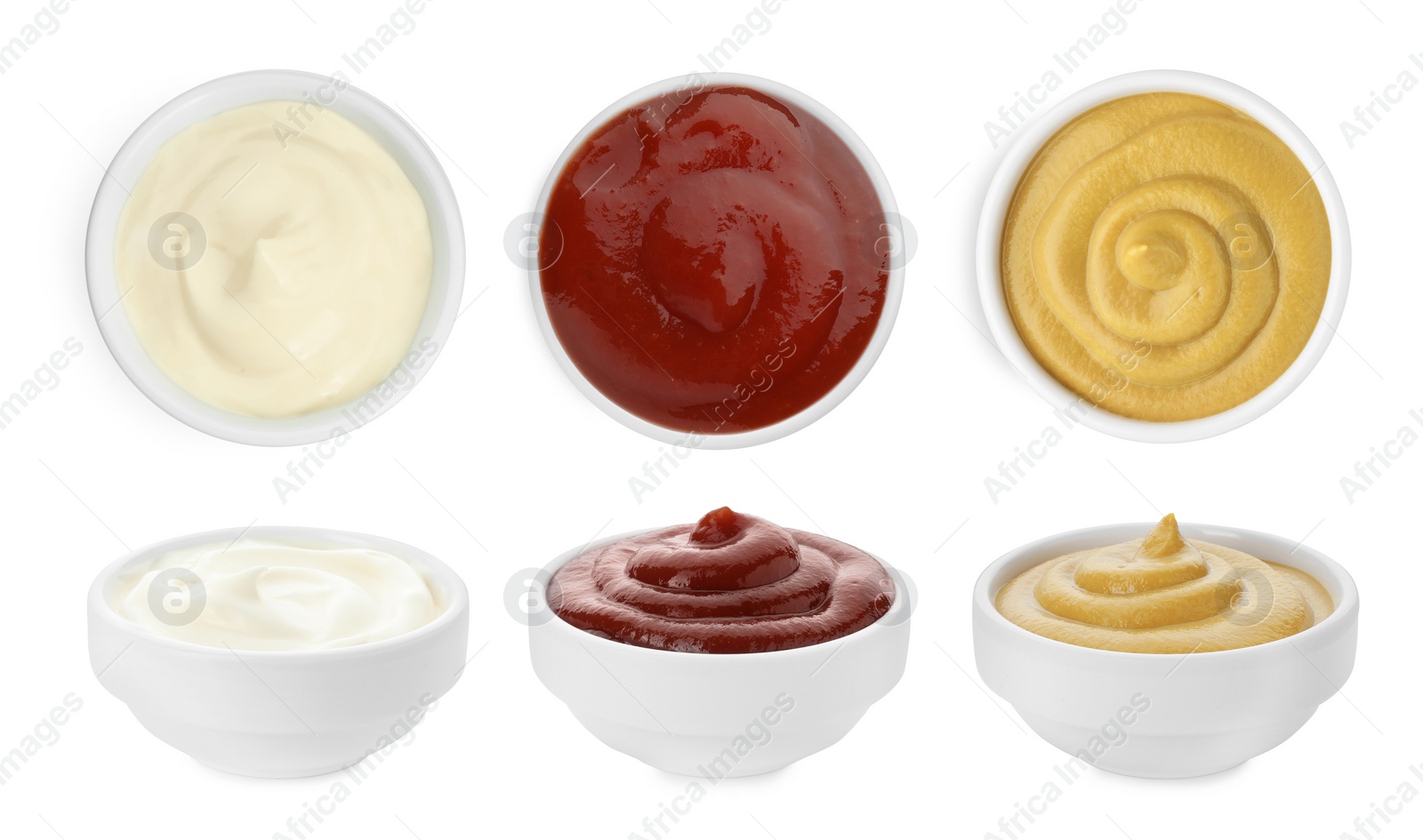 Image of Set of different sauces in bowls isolated on white, top and side views