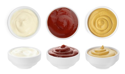 Set of different sauces in bowls isolated on white, top and side views