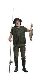 Fisherman with rod and catch isolated on white
