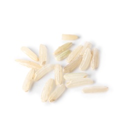 Photo of Uncooked brown rice on white background, closeup view