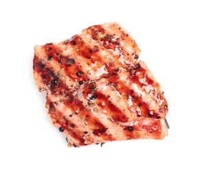 Photo of Piece of tasty grilled salmon on white background, top view