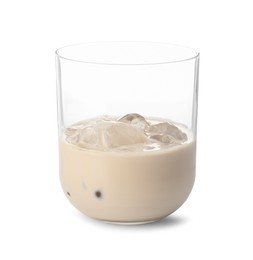 Photo of Glass of coffee cream liqueur with ice cubes isolated on white