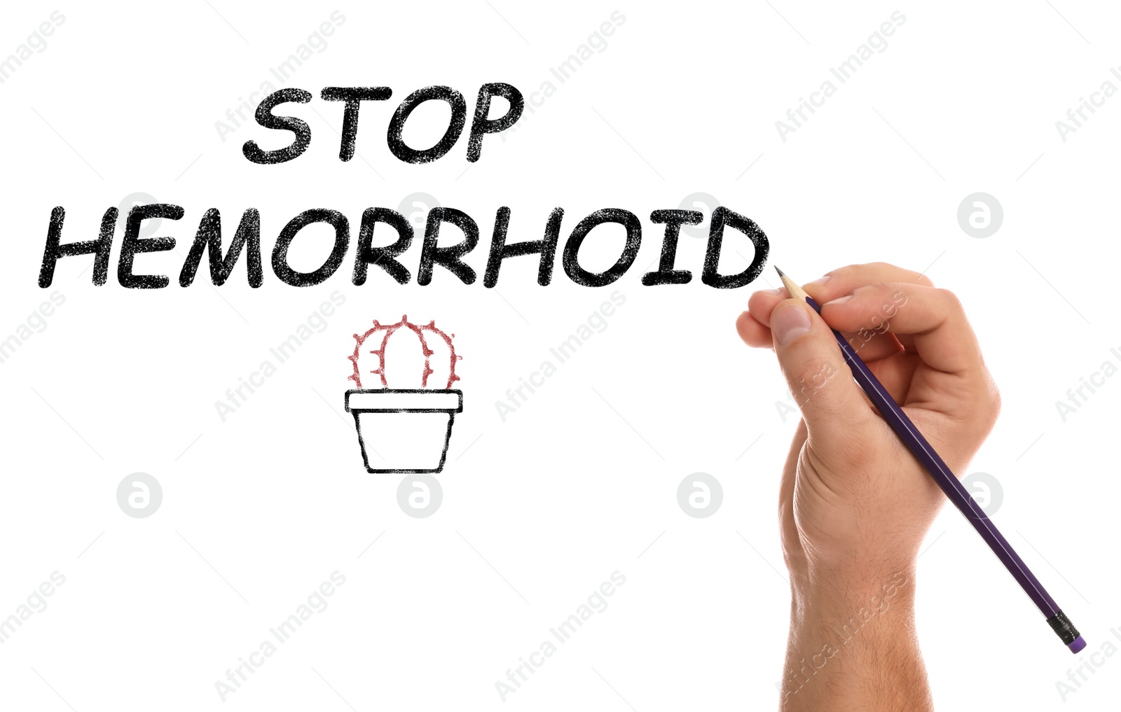 Image of Man writing phrase STOP HEMORRHOID on white background, closeup