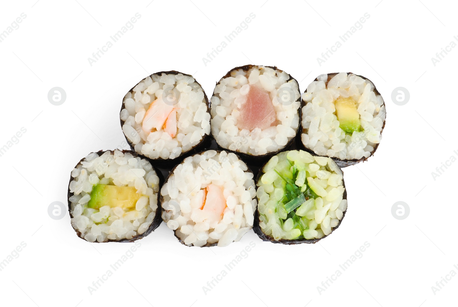 Photo of Delicious sushi rolls on white background, top view
