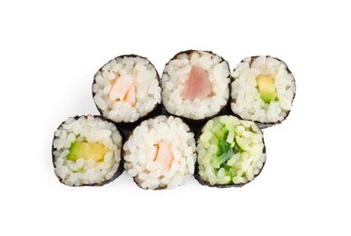 Delicious sushi rolls on white background, top view