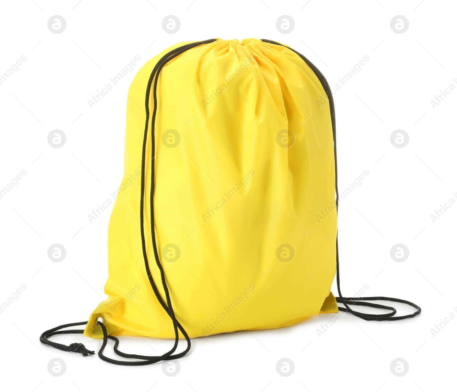 Photo of One yellow drawstring bag isolated on white