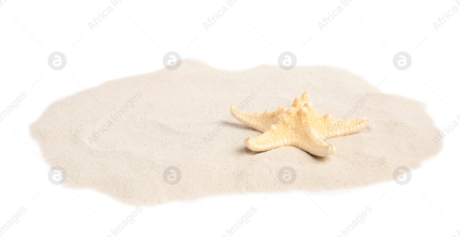 Photo of Pile of beach sand with beautiful starfish on white background