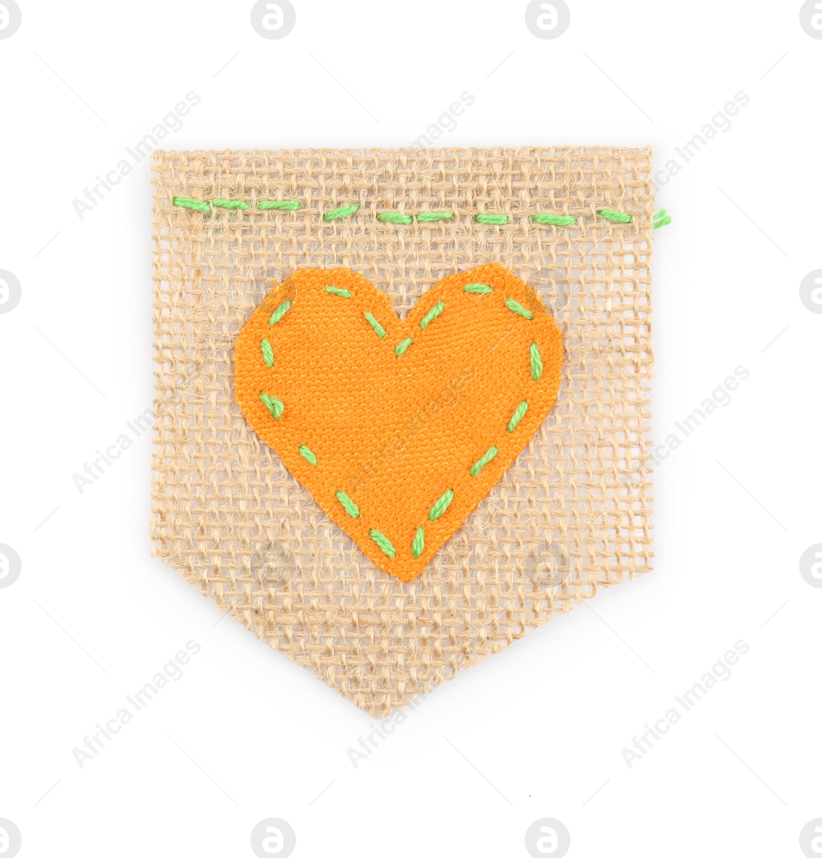 Photo of Piece of burlap fabric with heart isolated on white, top view