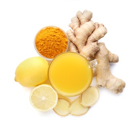Immunity boosting drink with ginger, lemon and turmeric on white background, top view