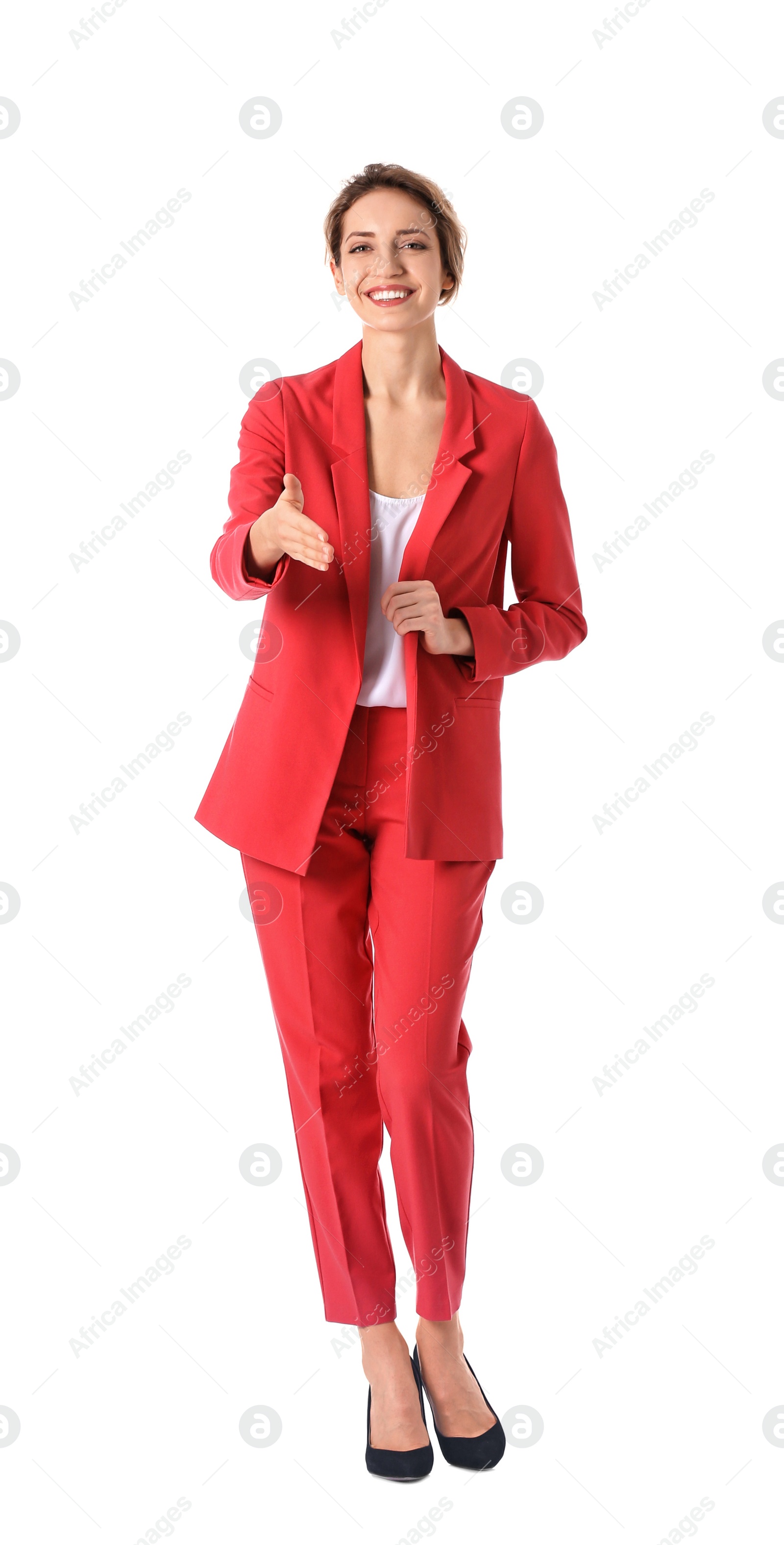 Photo of Businesswoman in elegant suit on white background