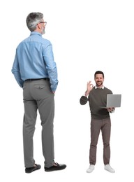 Image of Giant boss and happy small man on white background
