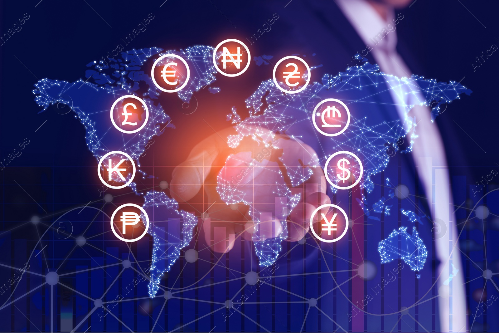 Image of Money exchange. Double exposure of man, world map, different currency symbols and chart