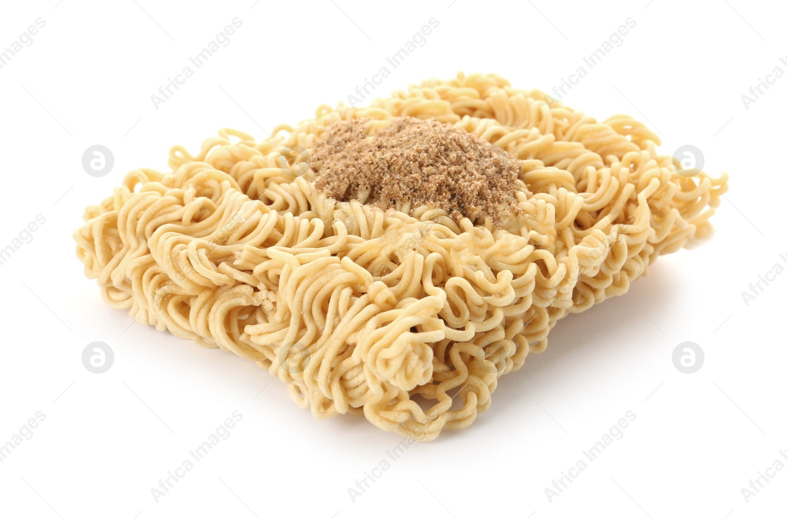 Photo of Block of quick cooking noodles with spices isolated on white