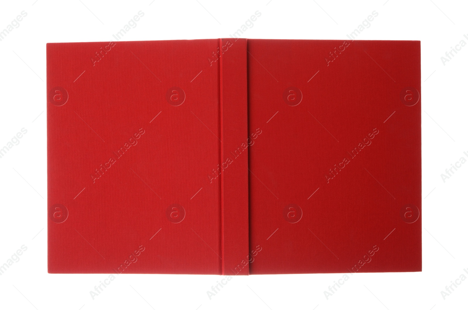 Photo of Open book with red cover on white background, top view