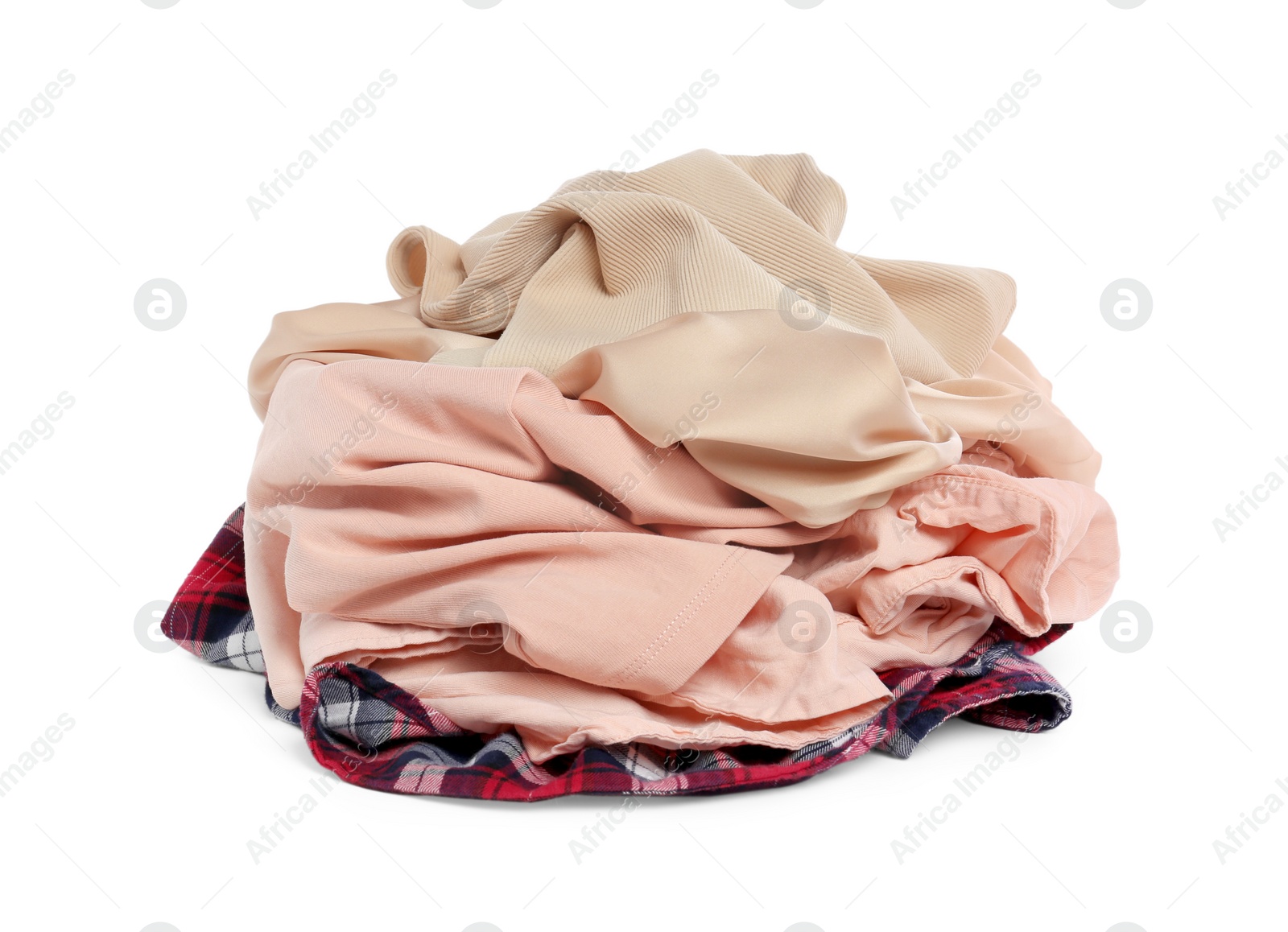 Photo of Pile of colorful clothes isolated on white