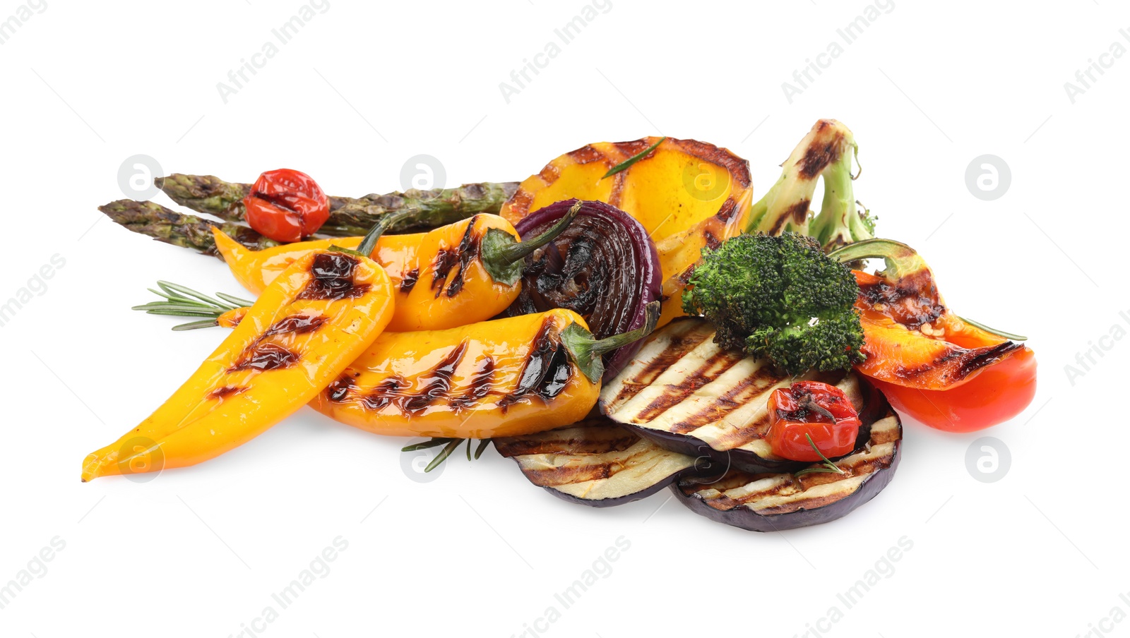 Photo of Different delicious grilled vegetables isolated on white