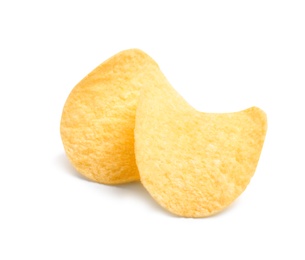 Tasty crispy potato chips on white background