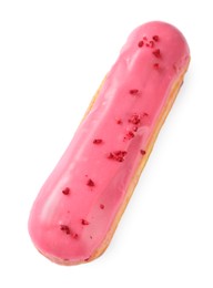 Delicious eclair covered with pink glaze isolated on white