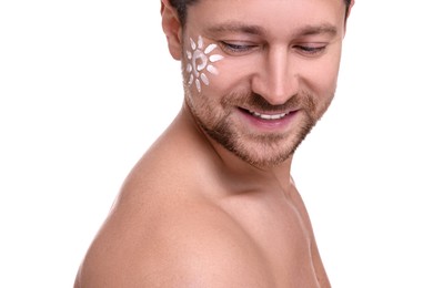 Photo of Handsome man with sun protection cream on his face against white background, closeup