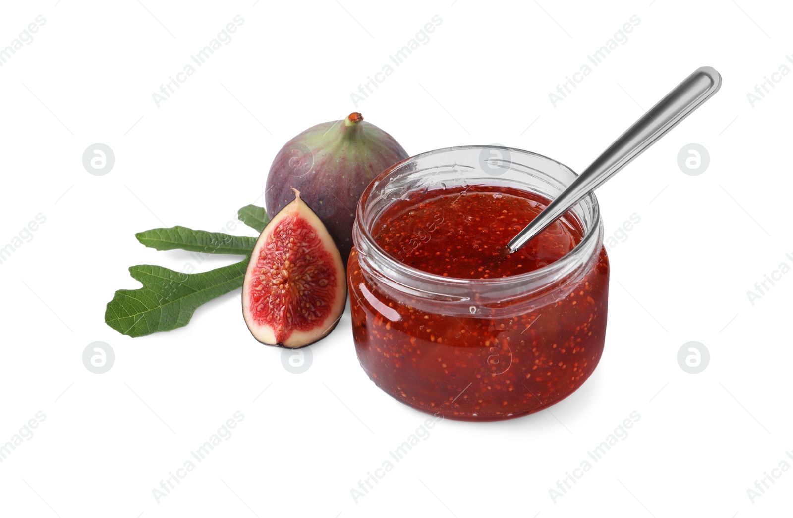 Photo of Jar with tasty sweet jam, fresh figs and green leaf isolated on white