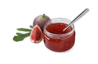 Jar with tasty sweet jam, fresh figs and green leaf isolated on white