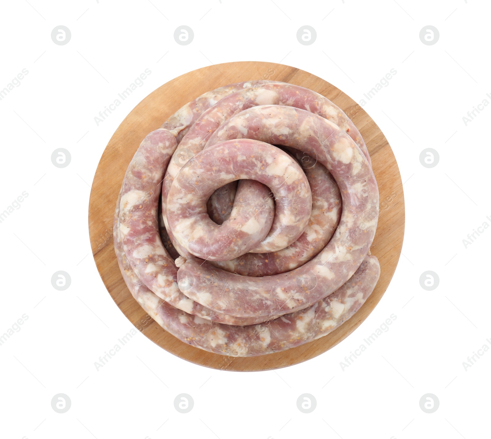 Photo of Board with homemade sausages isolated on white, top view