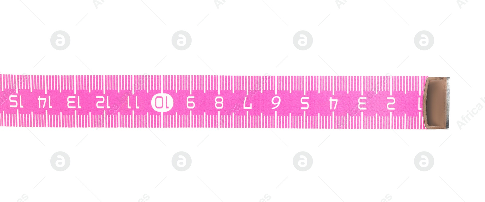 Photo of New pink measuring tape isolated on white, top view